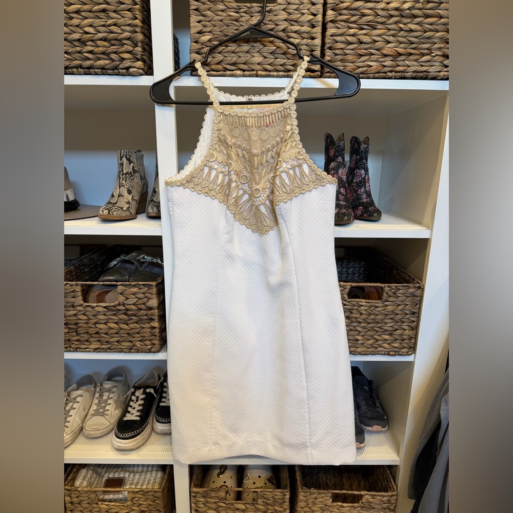 Lilly Pulitzer White Dress with Gold Crochet Detail